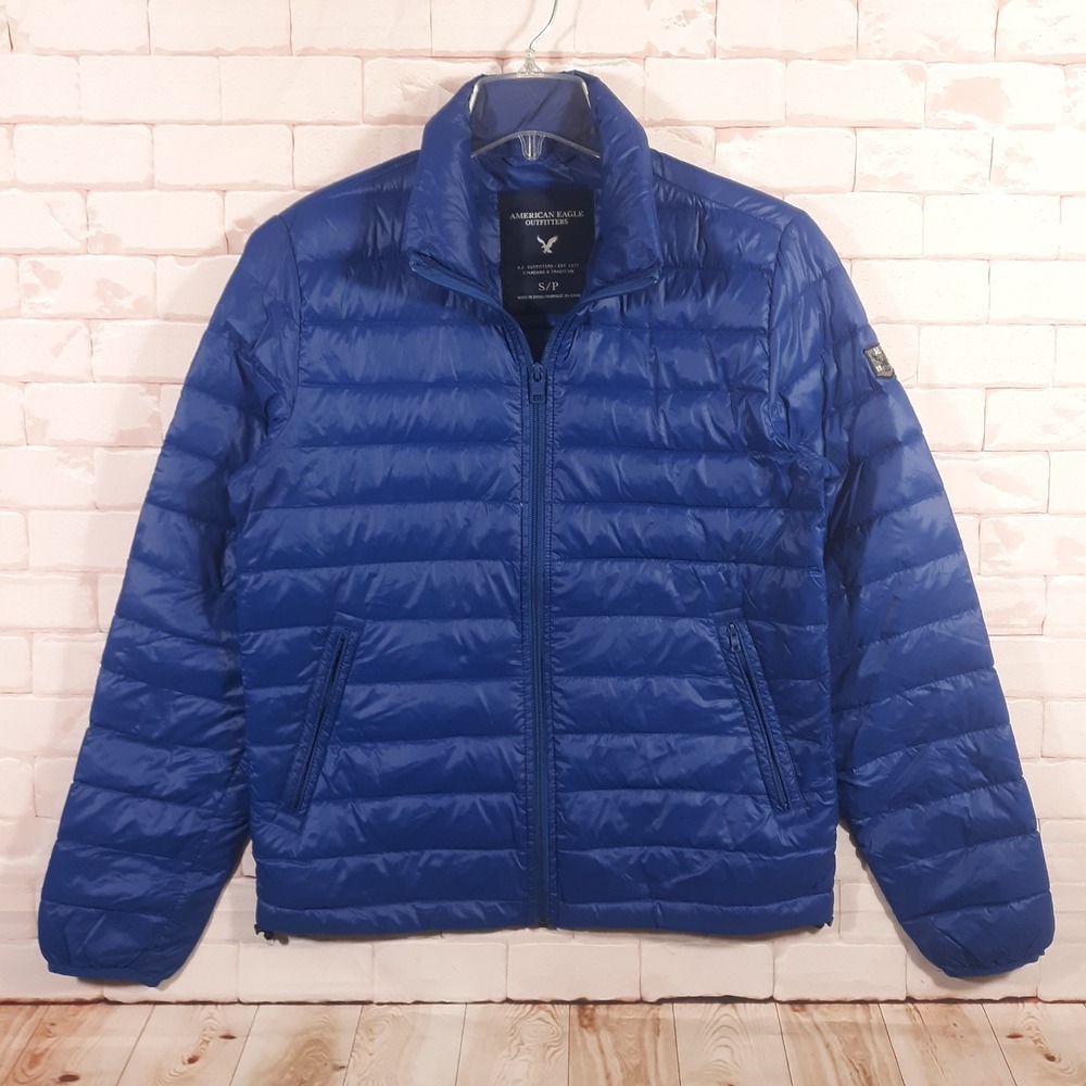 American Eagle Puffer Jacket Duck Down Mens Small Blue Full Zip Nylon